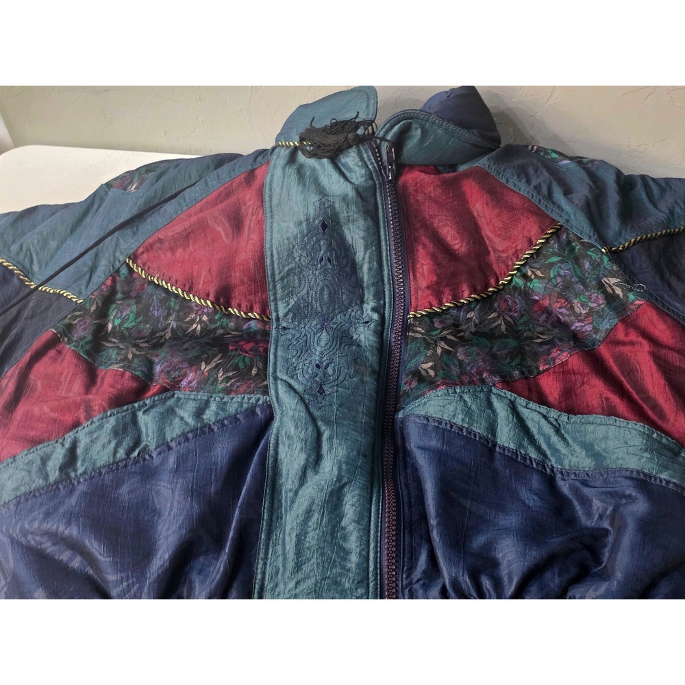 Vintage Clipper Bay Womens Large Colorblock Floral Puffer Jacket Teal Navy 90s - Picture 8 of 10